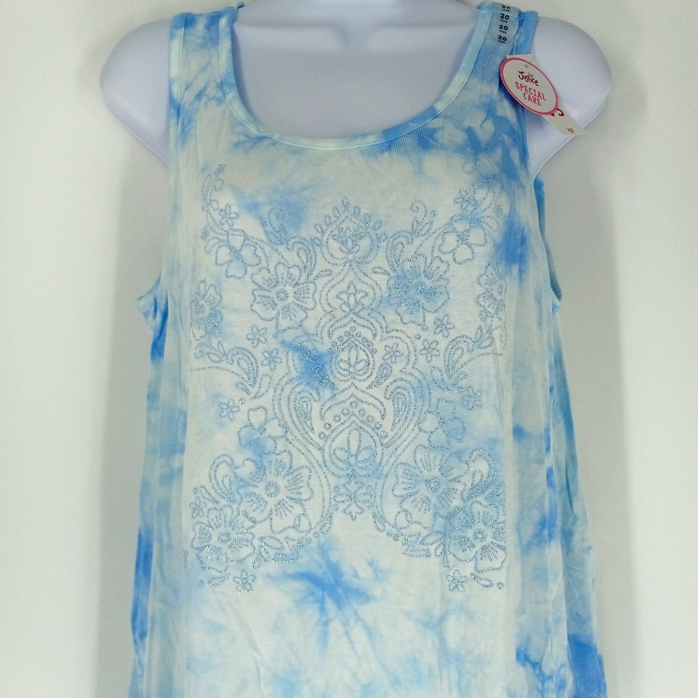 Justice Size 20 Plus Blue White Tie Dye Boho Sparkle Print Loose Swing Tank Top - Picture 2 of 6